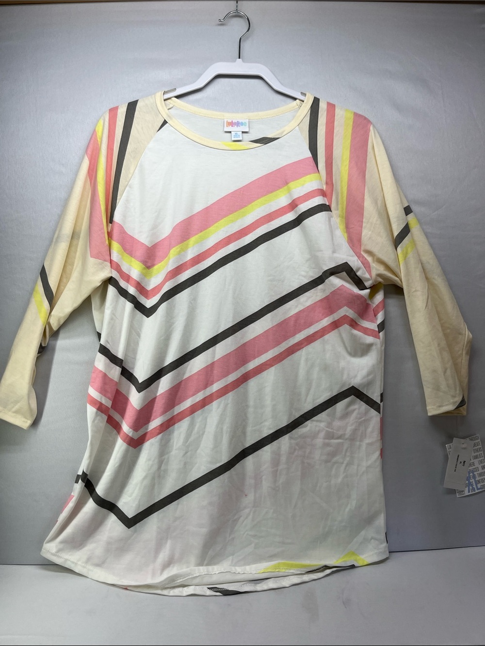 LuLaRoe Randy Cream Scoop Neck Top with Pink, Yellow & Black Stripes‎